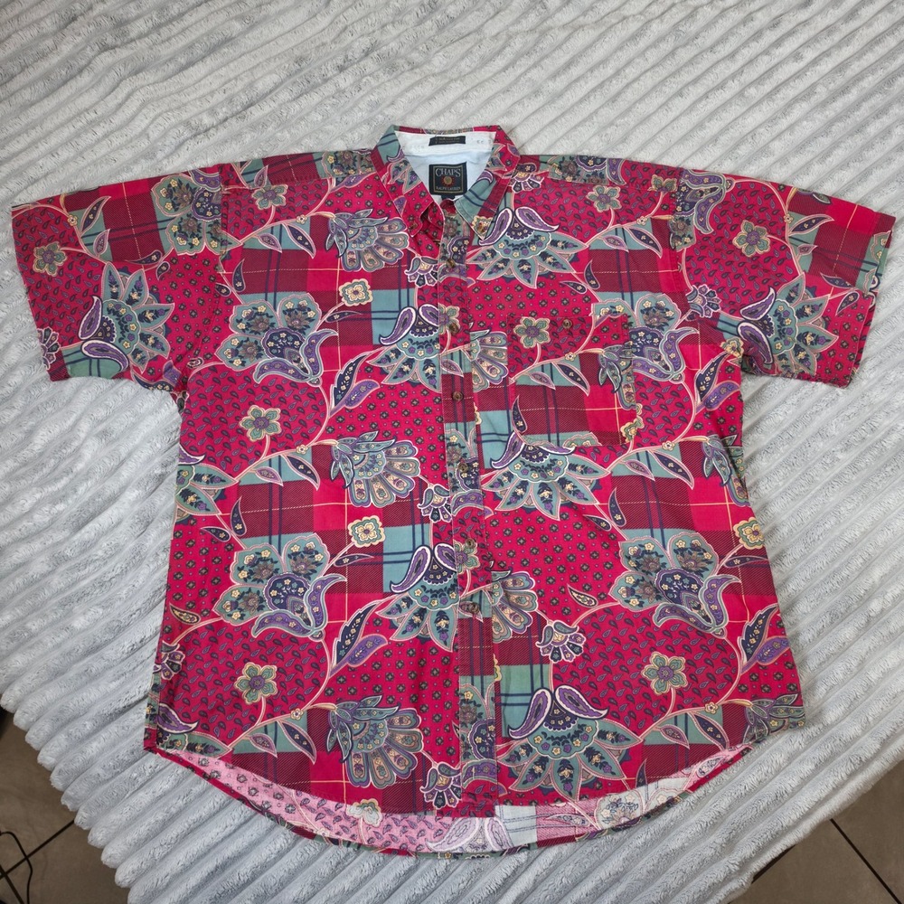 Chaps Ralph Lauren Mens XL Red Paisley Patchwork Short Sleeve Button Down Shirt